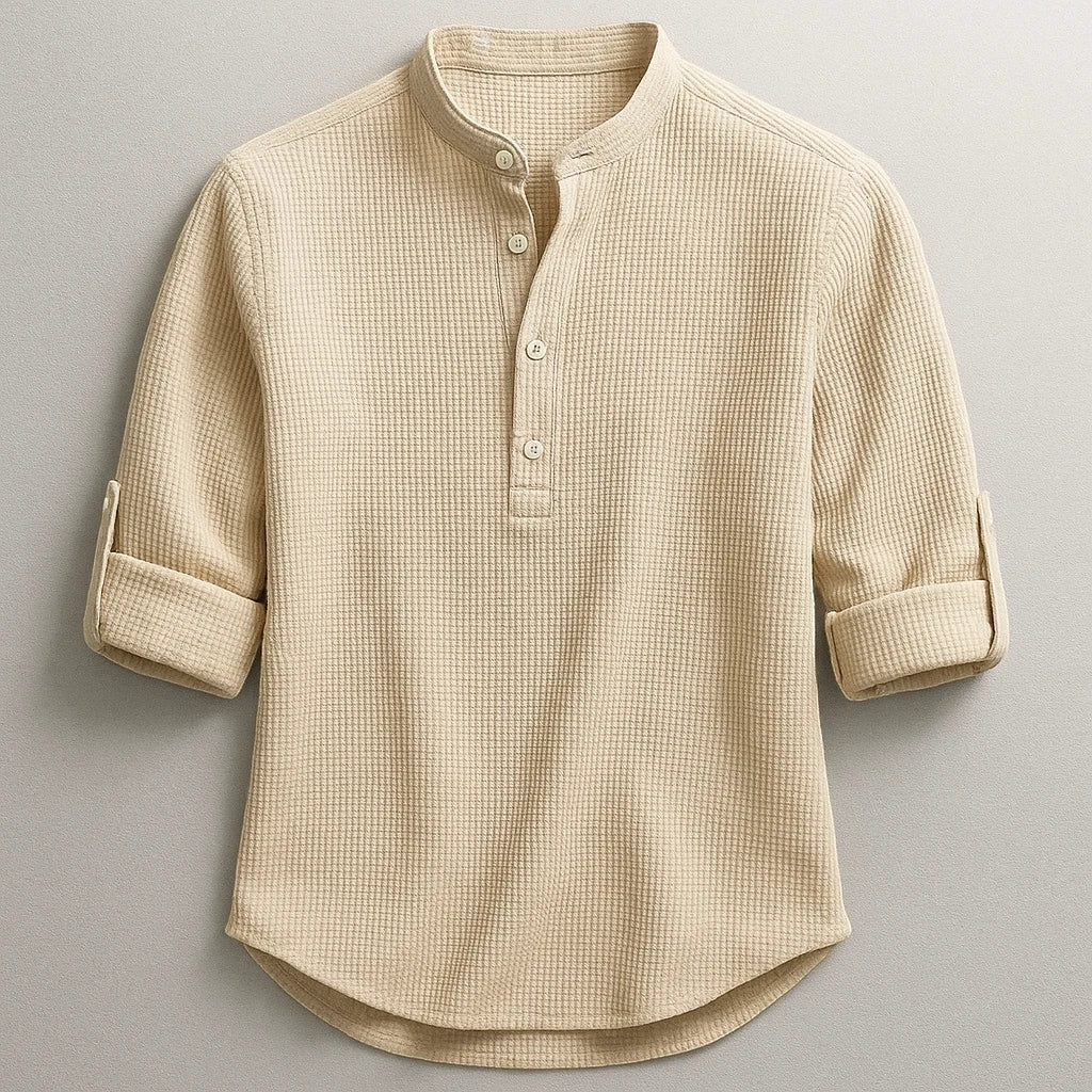 Men's Casual Work Shirt with Long Sleeve and Grandad Collar