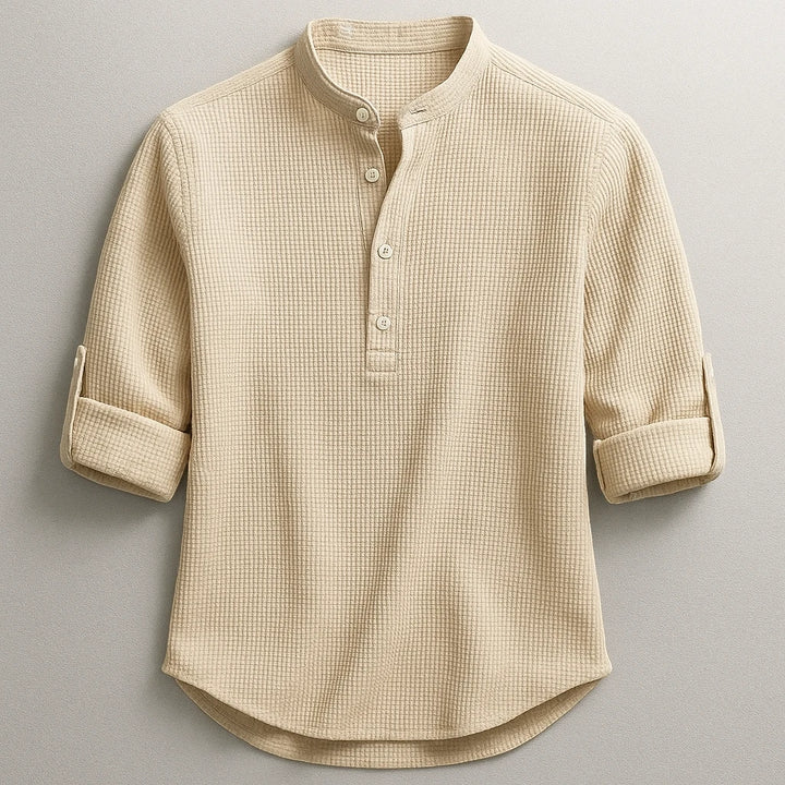 Men's Casual Work Shirt with Long Sleeve and Grandad Collar