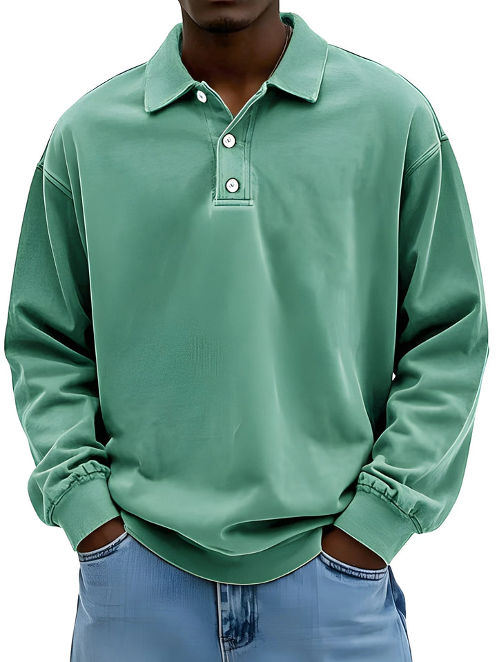 Men's Vintage Oversized Polo Shirt with Long Sleeve and V-Neck