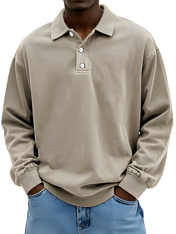 Men's Vintage Oversized Polo Shirt with Long Sleeve and V-Neck