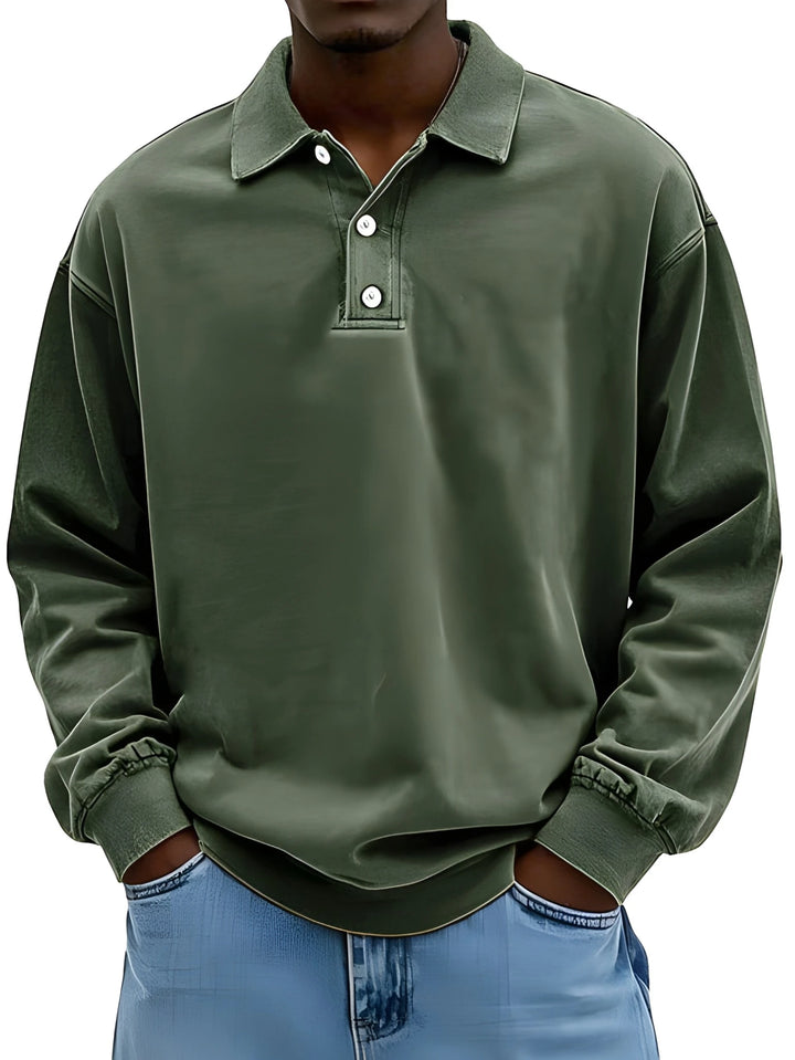 Men's Vintage Oversized Polo Shirt with Long Sleeve and V-Neck