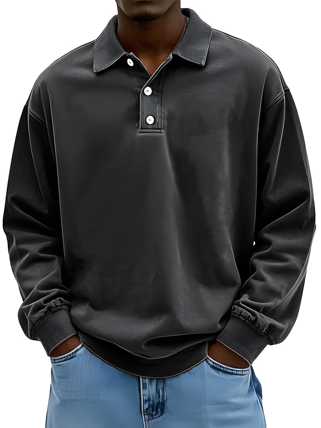 Men's Vintage Oversized Polo Shirt with Long Sleeve and V-Neck