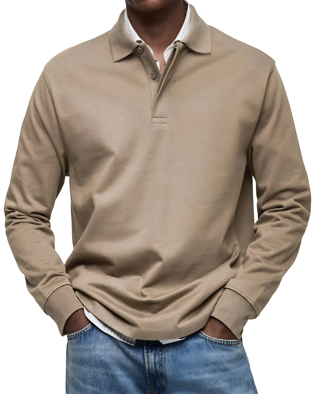 Men's Vintage Slim Fit Polo Shirt with Long Sleeve and V-Neck