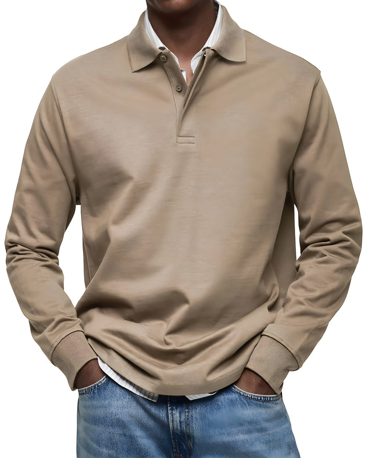 Men's Vintage Slim Fit Polo Shirt with Long Sleeve and V-Neck