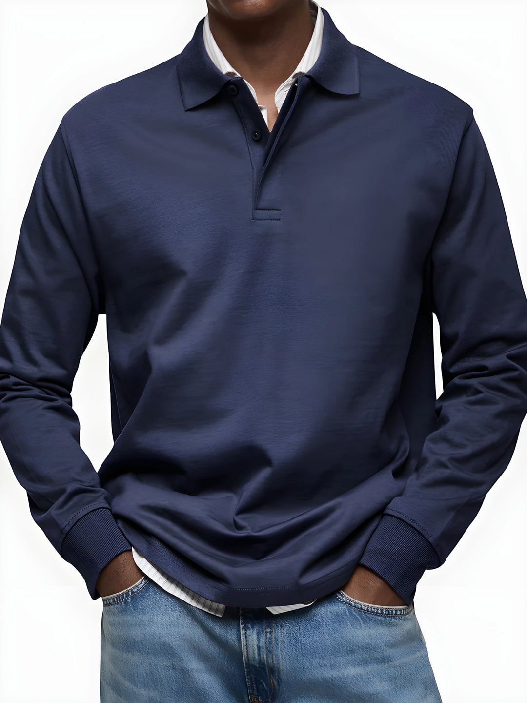 Men's Vintage Slim Fit Polo Shirt with Long Sleeve and V-Neck