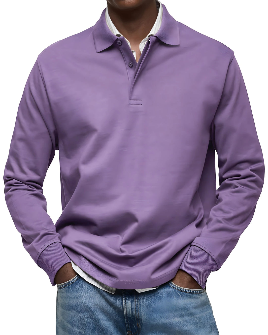 Men's Vintage Slim Fit Polo Shirt with Long Sleeve and V-Neck
