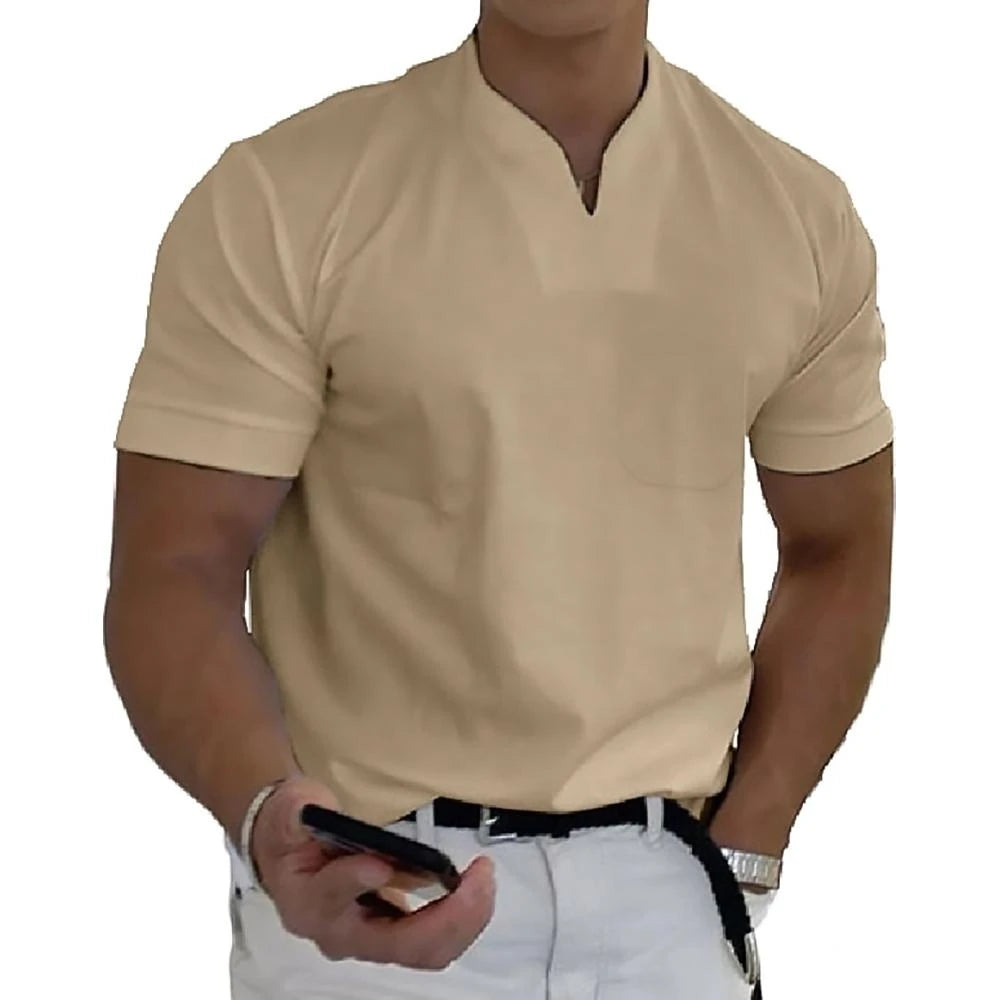 Men's Work Slim Fit Shirt with Short Sleeve and V-Neck