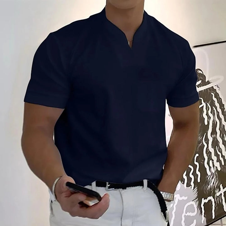 Men's Work Slim Fit Shirt with Short Sleeve and V-Neck