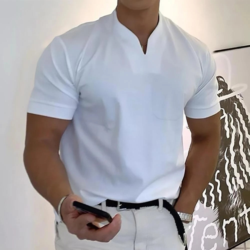 Men's Work Slim Fit Shirt with Short Sleeve and V-Neck