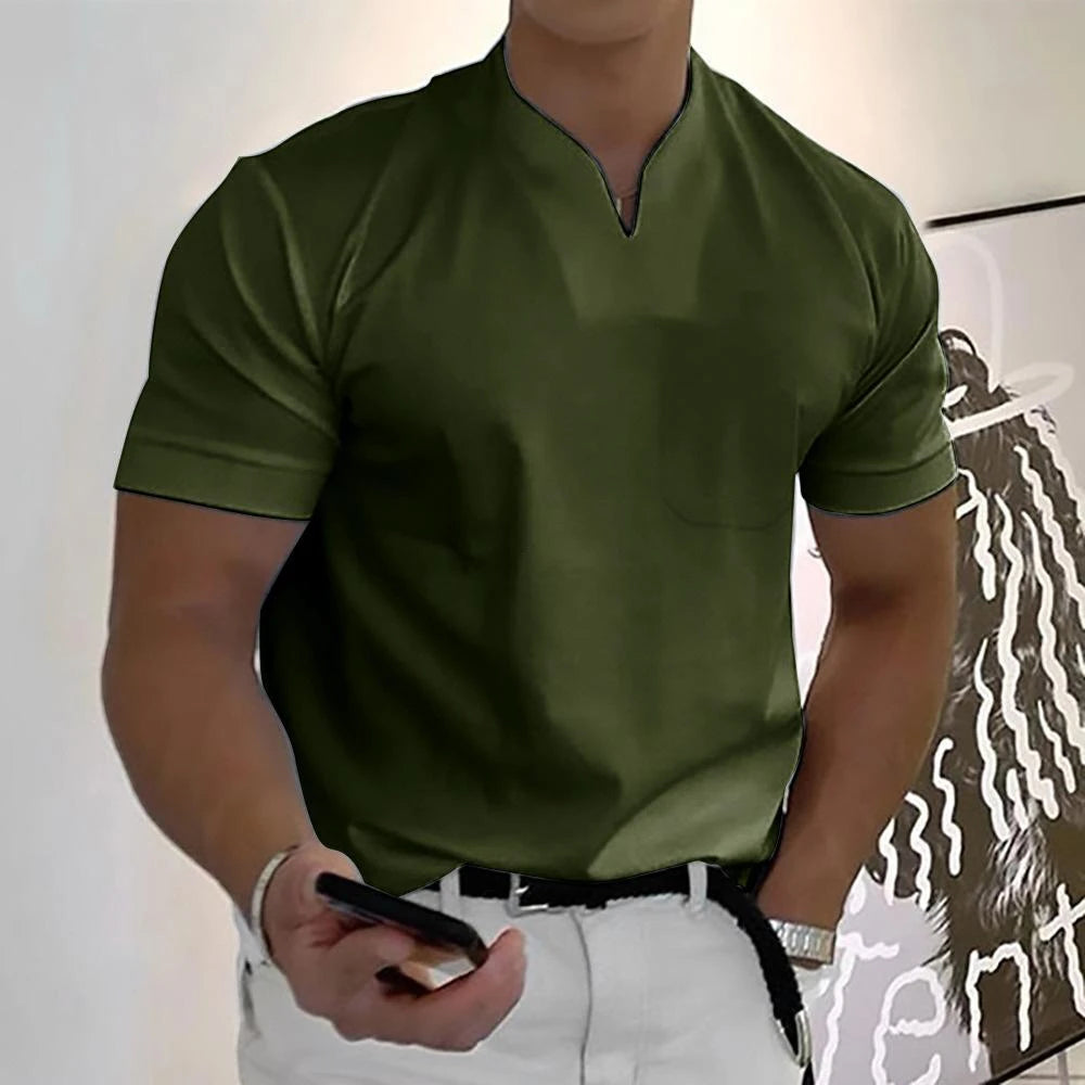 Men's Work Slim Fit Shirt with Short Sleeve and V-Neck