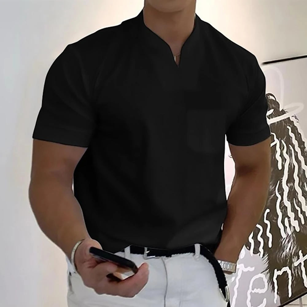 Men's Work Slim Fit Shirt with Short Sleeve and V-Neck