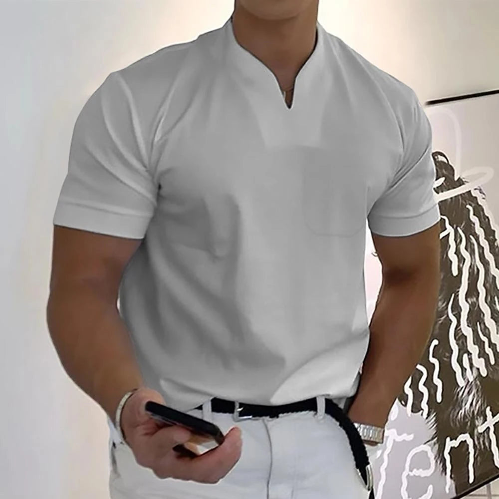Men's Work Slim Fit Shirt with Short Sleeve and V-Neck