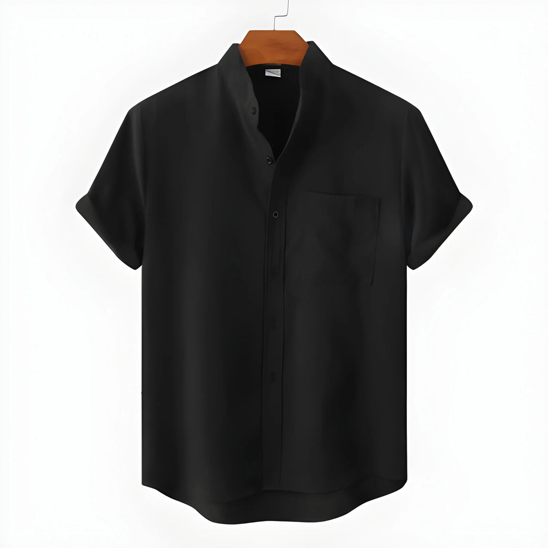 Men's Casual Vintage Shirt with Collarless Neck and Short Sleeve