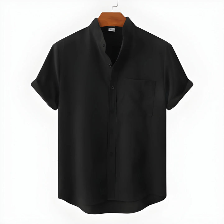 Men's Casual Vintage Shirt with Collarless Neck and Short Sleeve