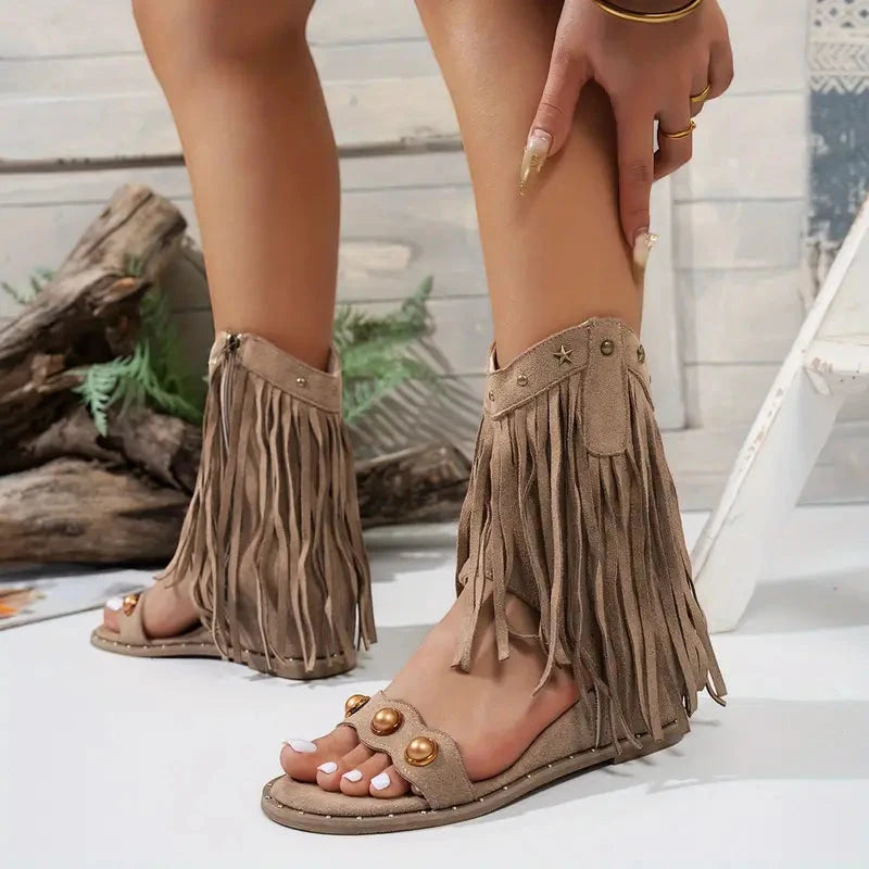 Women's Casual Gladiator Sandals with Fringe and Wide Fit