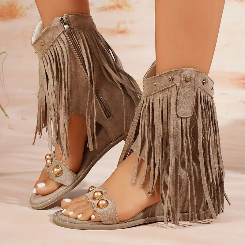 Women's Casual Gladiator Sandals with Fringe and Wide Fit