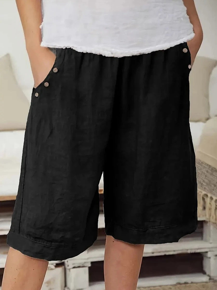 Women's Casual Long Shorts with Elastic Waistband and Side Pockets