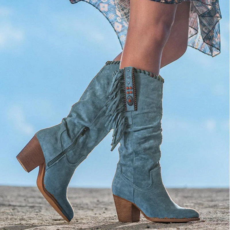 Women's Cowboy Knee High Boots with Block Heel and Wide Fit