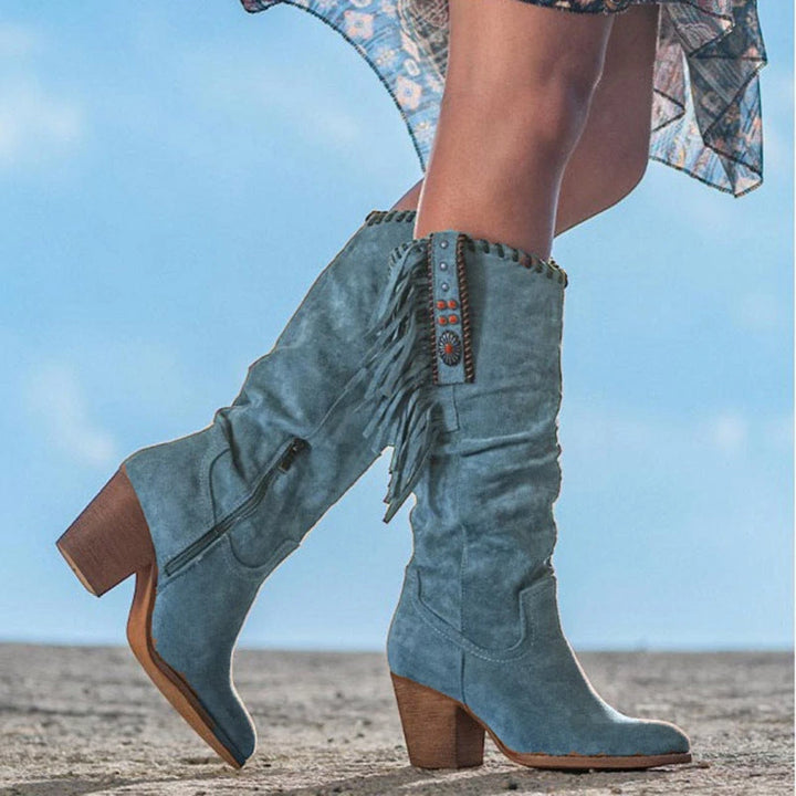 Women's Cowboy Knee High Boots with Block Heel and Wide Fit