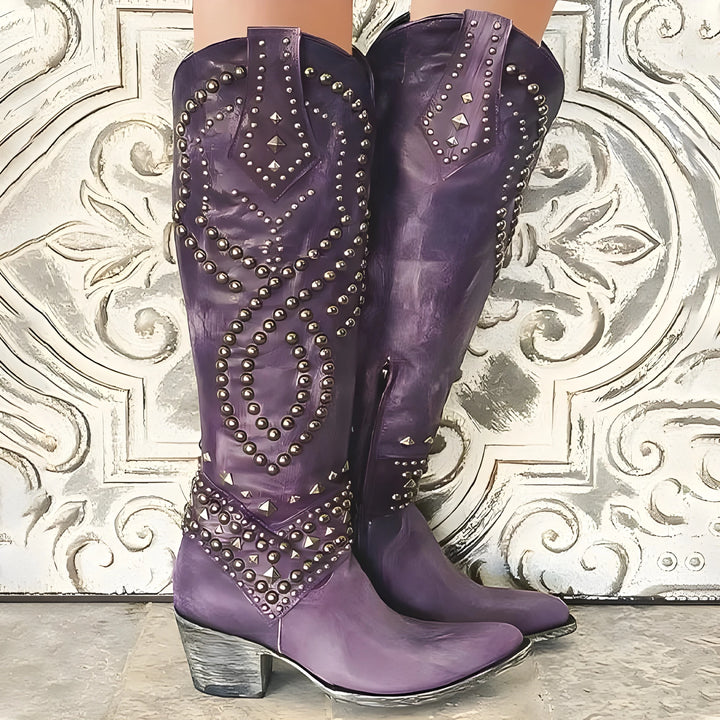Women's Cowboy Knee High Boots with Cushioned and Lace Up