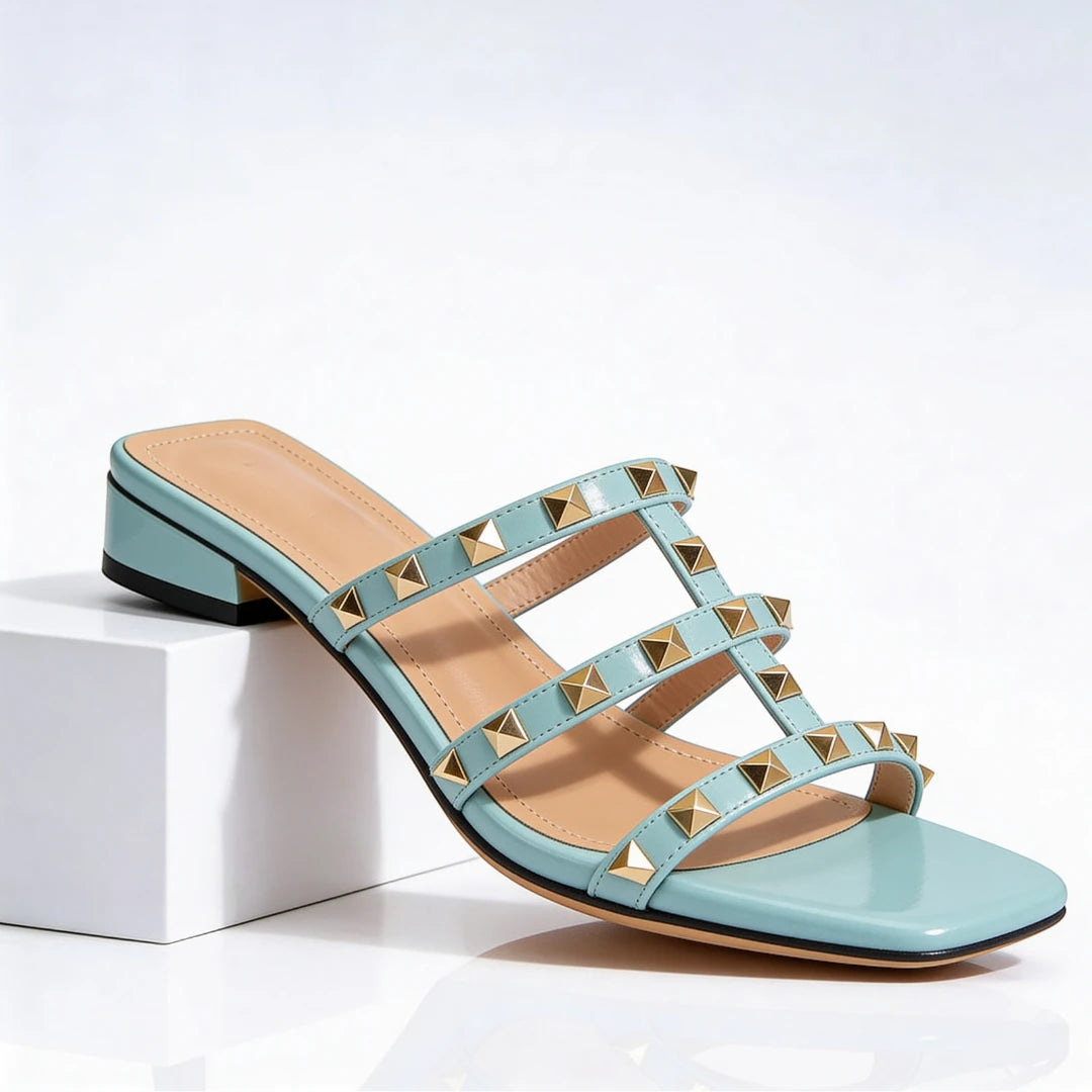 Women's Dressy Block Heel Mules with Strappy Detail and Square Toe