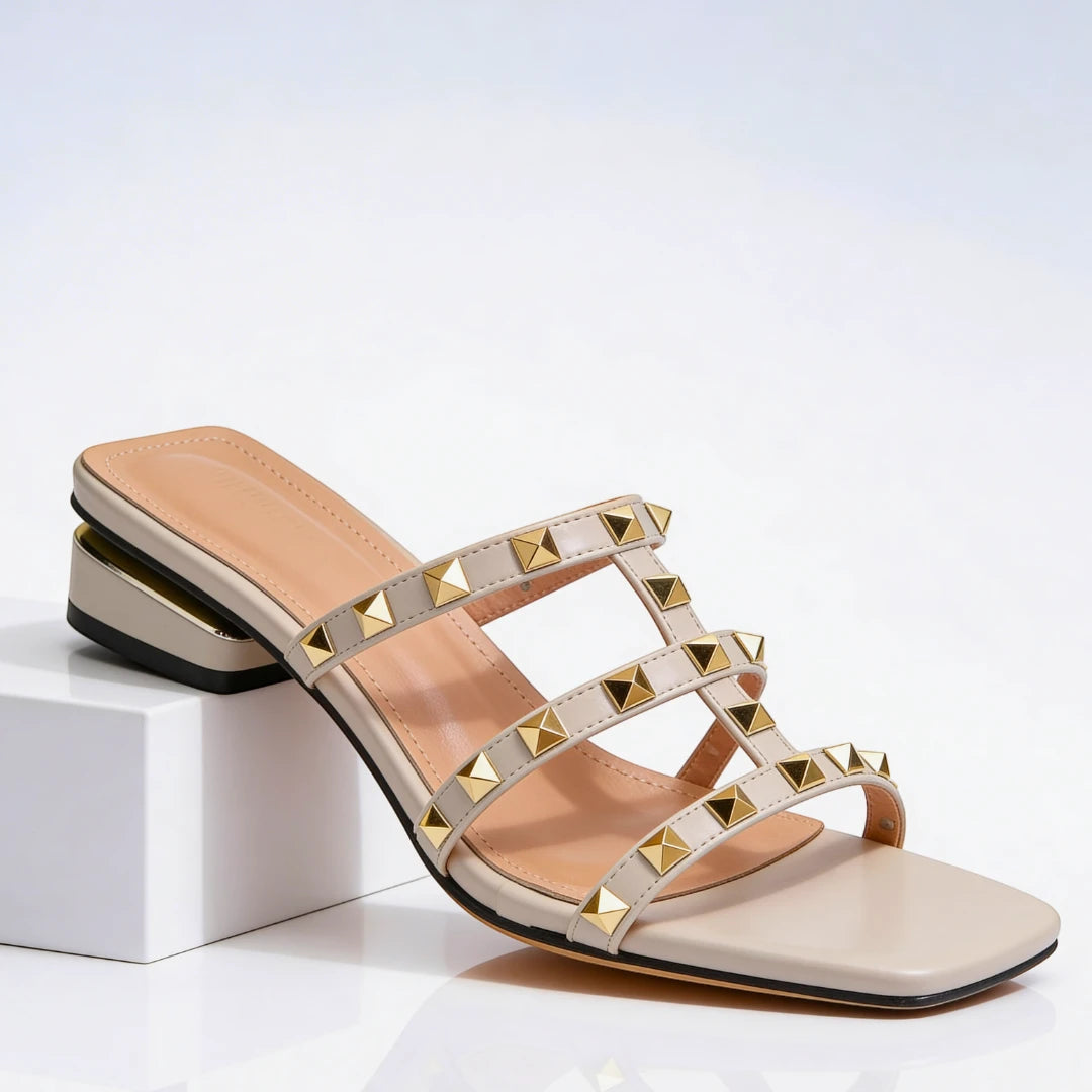 Women's Dressy Block Heel Mules with Strappy Detail and Square Toe
