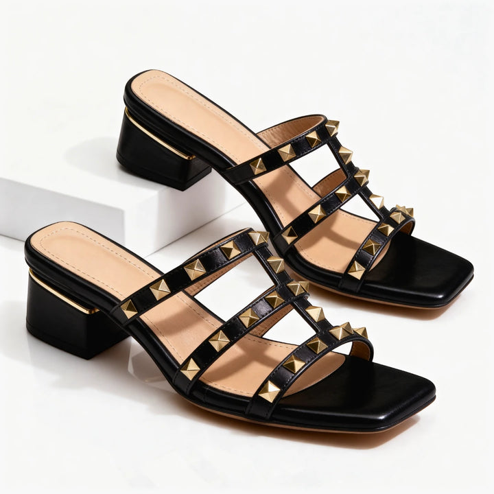 Women's Dressy Block Heel Mules with Strappy Detail and Square Toe