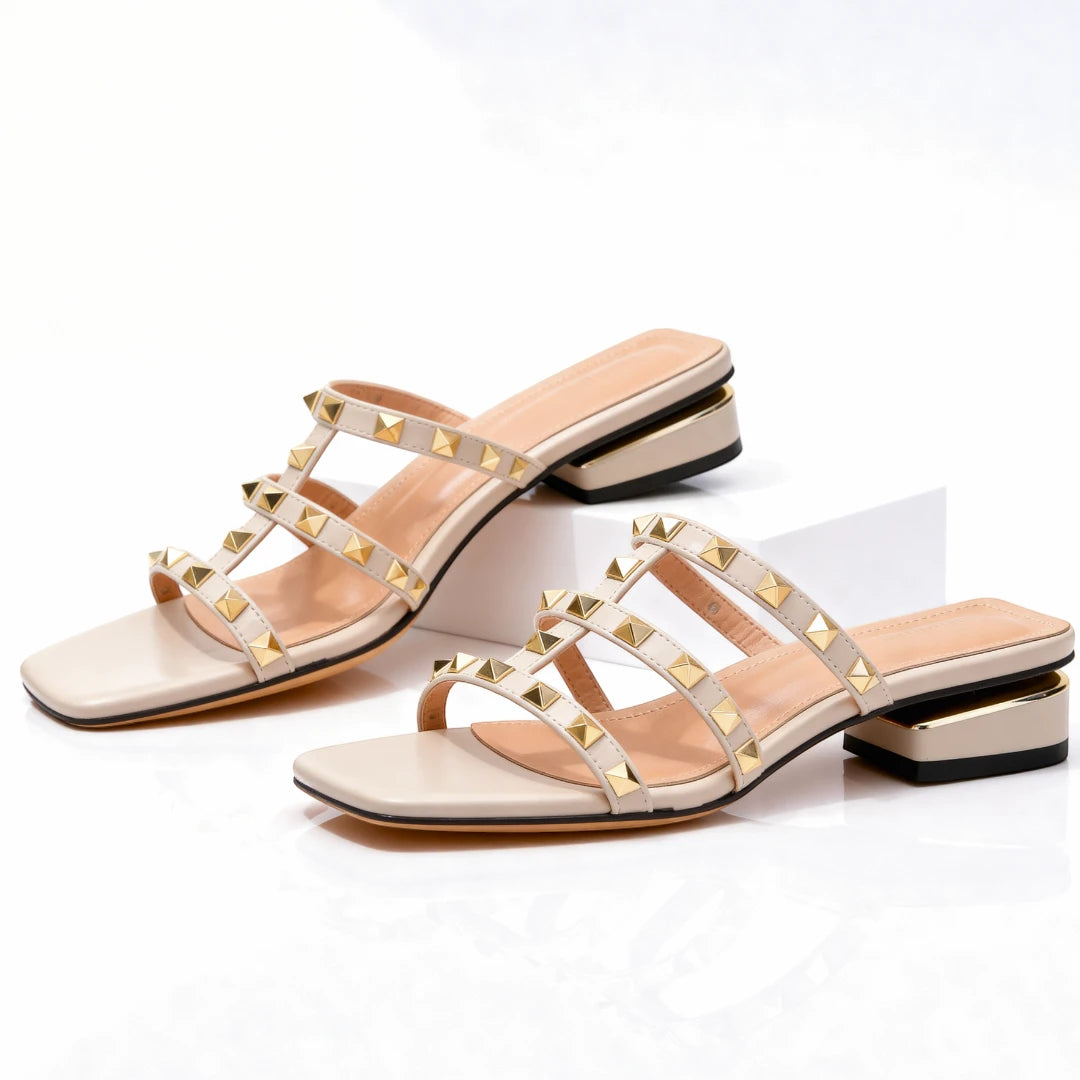 Women's Dressy Block Heel Mules with Strappy Detail and Square Toe