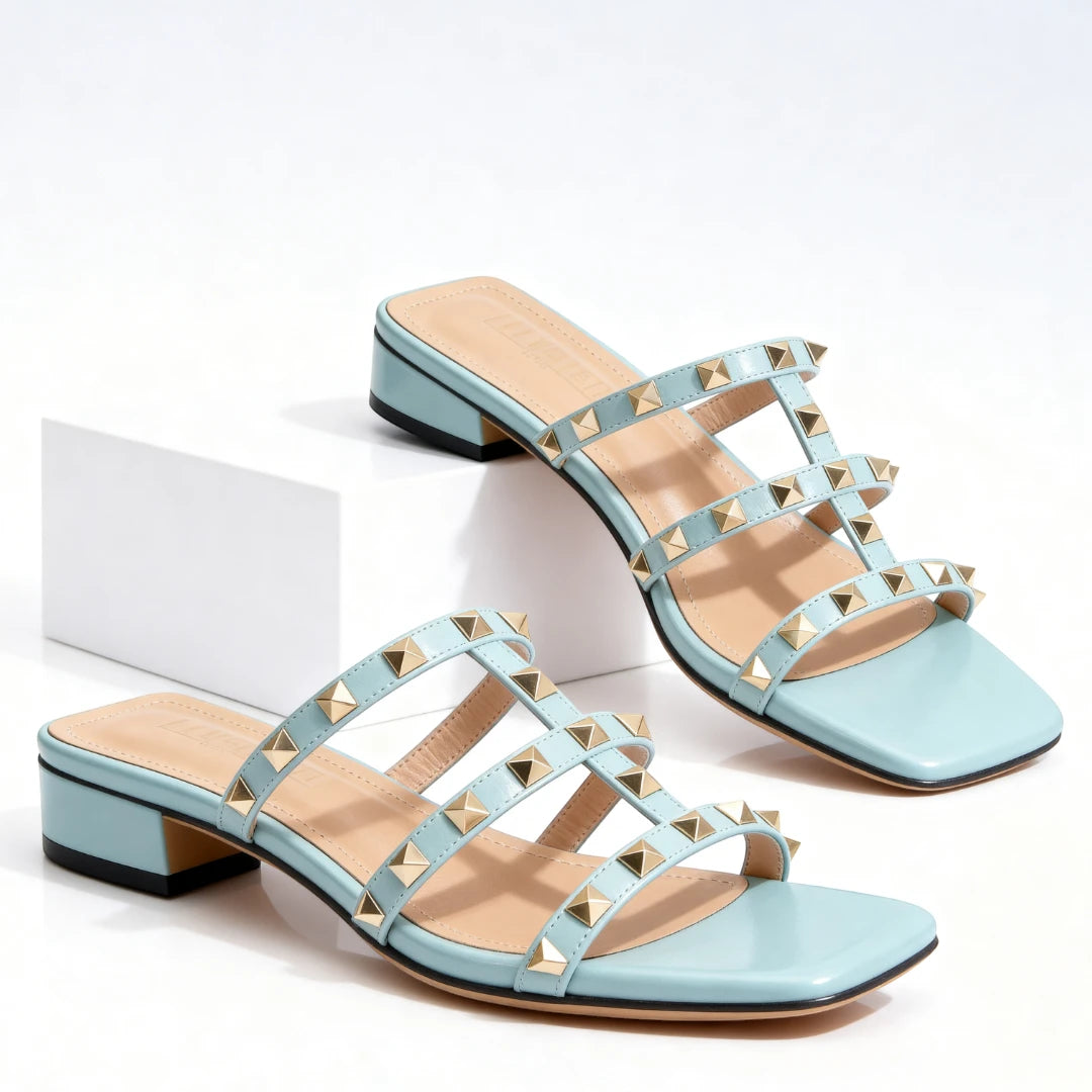 Women's Dressy Block Heel Mules with Strappy Detail and Square Toe