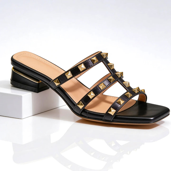 Women's Dressy Block Heel Mules with Strappy Detail and Square Toe