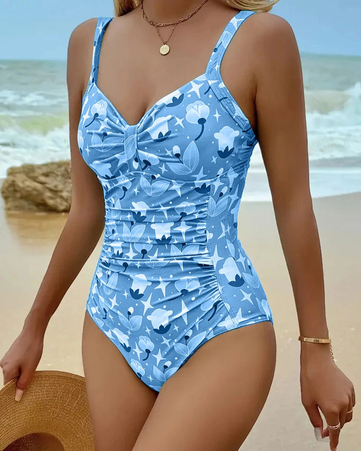 Women's Floral One-Piece Tankini with Ruched Detail and Thin Straps