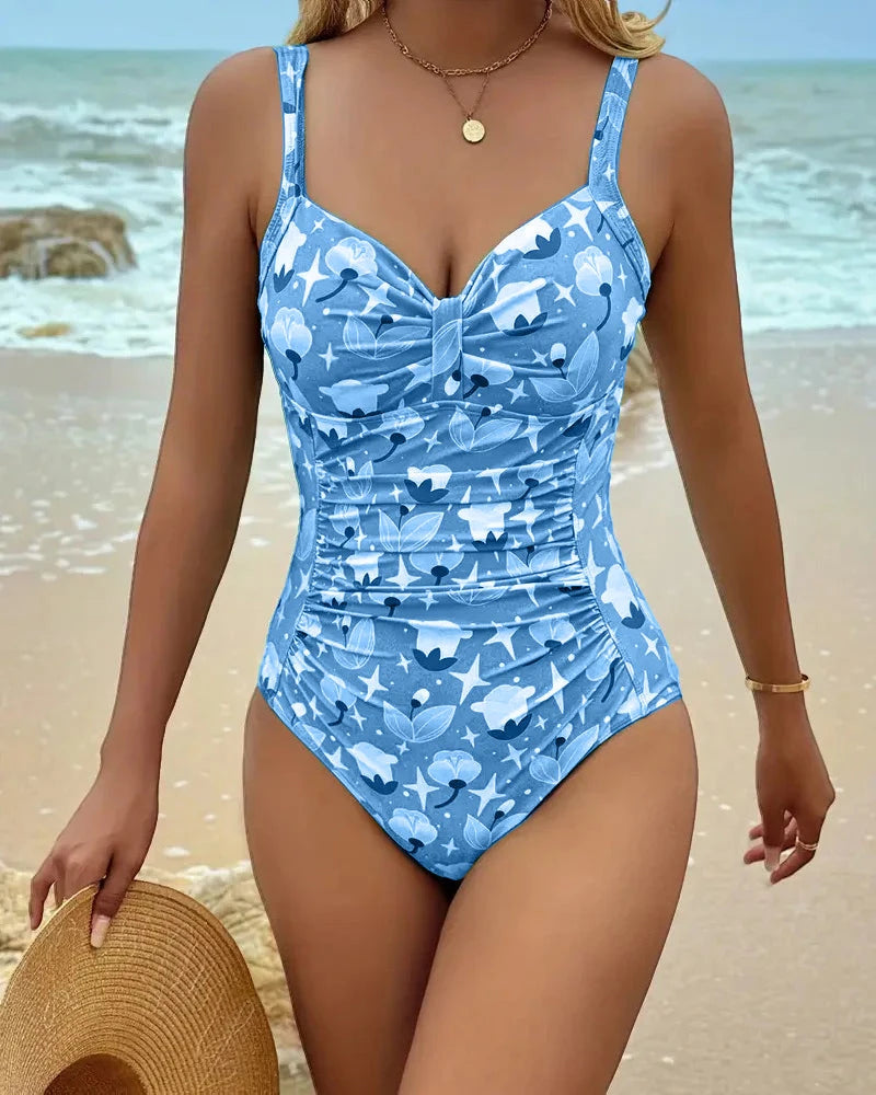 Women's Floral One-Piece Tankini with Ruched Detail and Thin Straps