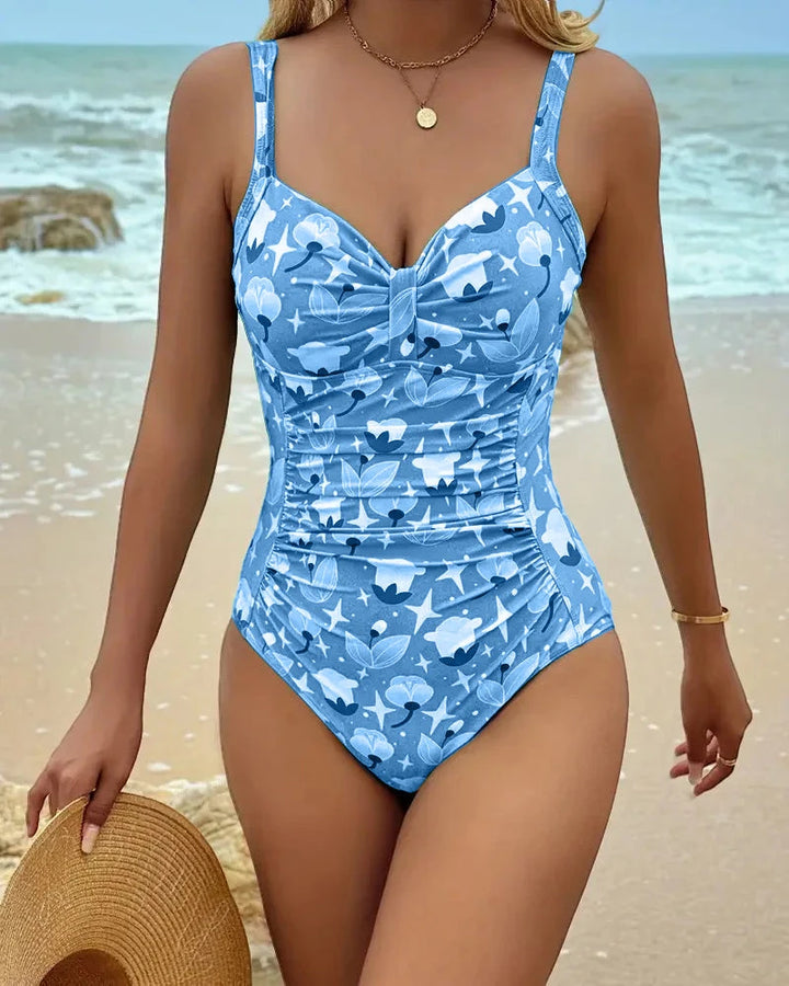 Women's Floral One-Piece Tankini with Ruched Detail and Thin Straps