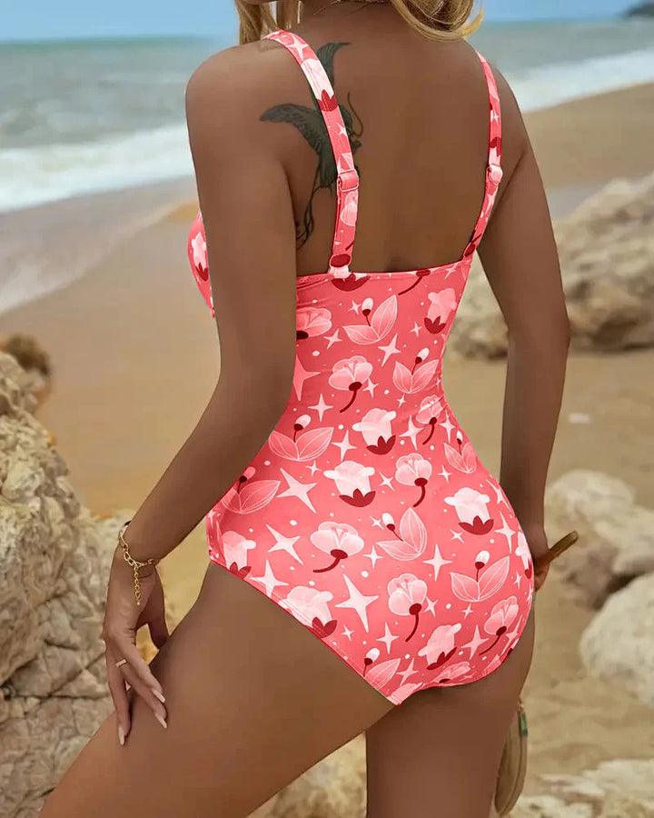 Women's Floral One-Piece Tankini with Ruched Detail and Thin Straps