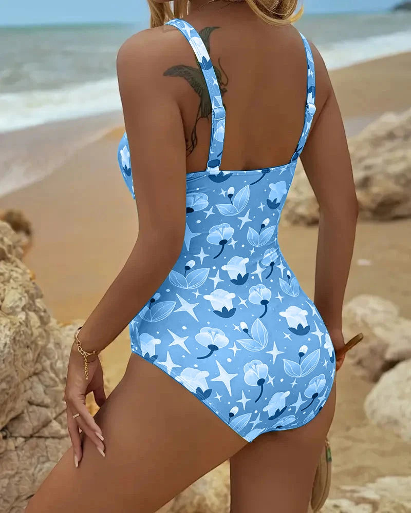 Women's Floral One-Piece Tankini with Ruched Detail and Thin Straps