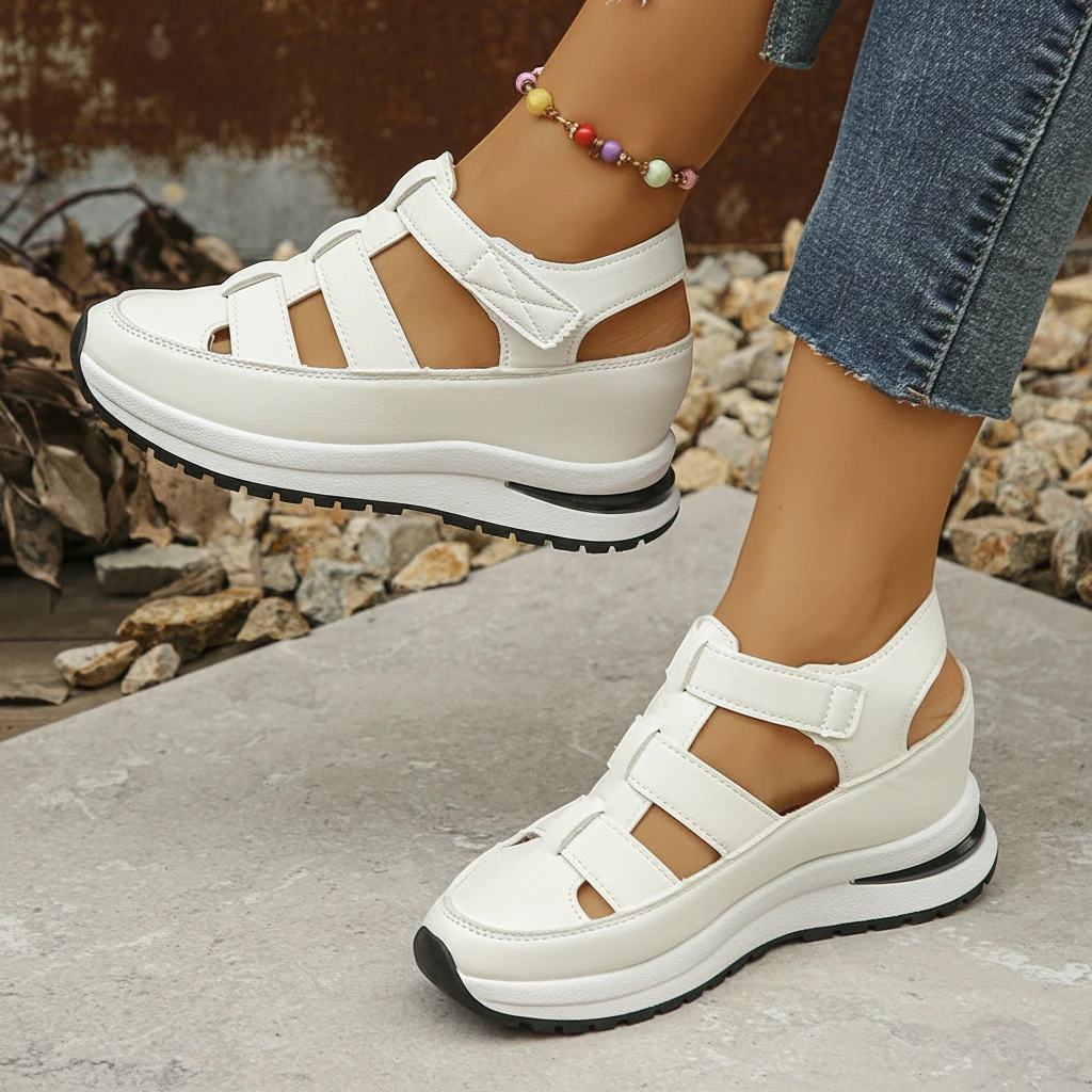 Women's Platform Comfortable Sandals with Velcro Strap and Slip Resistant Sole