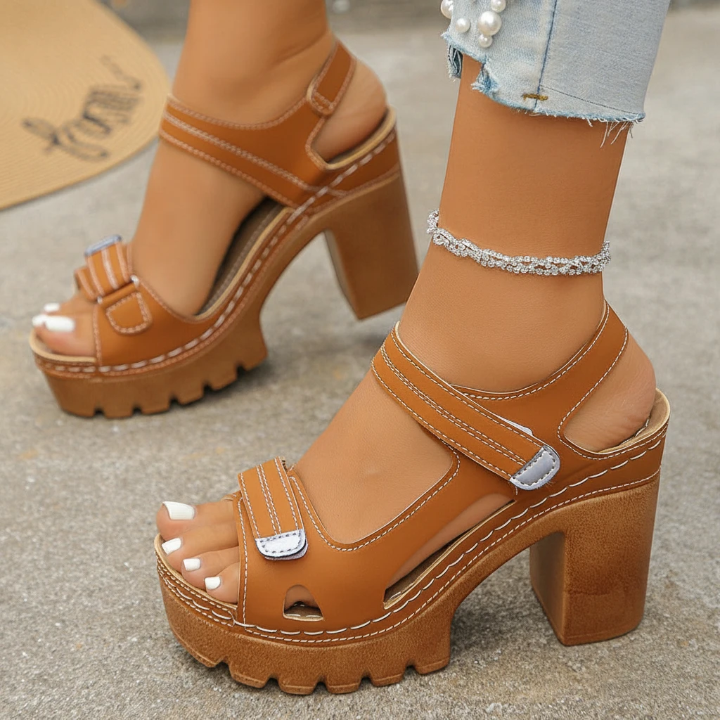 Women's Platform Open Toe Sandals with Velcro Strap and Cushioned Insole