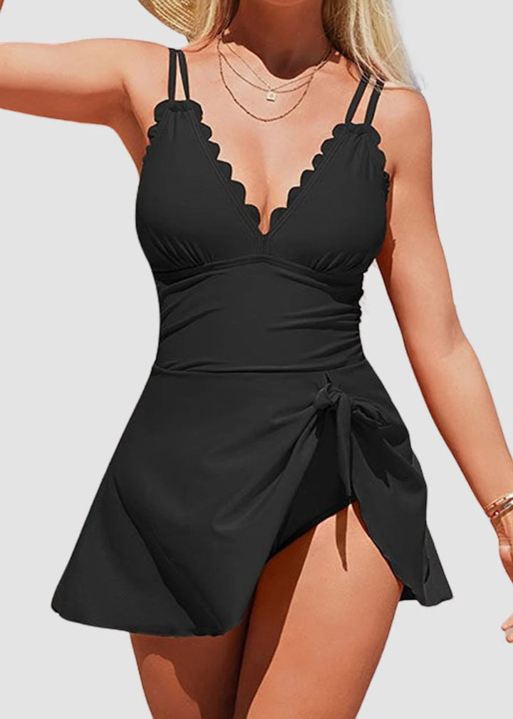 Women's Tummy Control One-Piece Swim Dress with Ruched Detail and Adjustable Straps