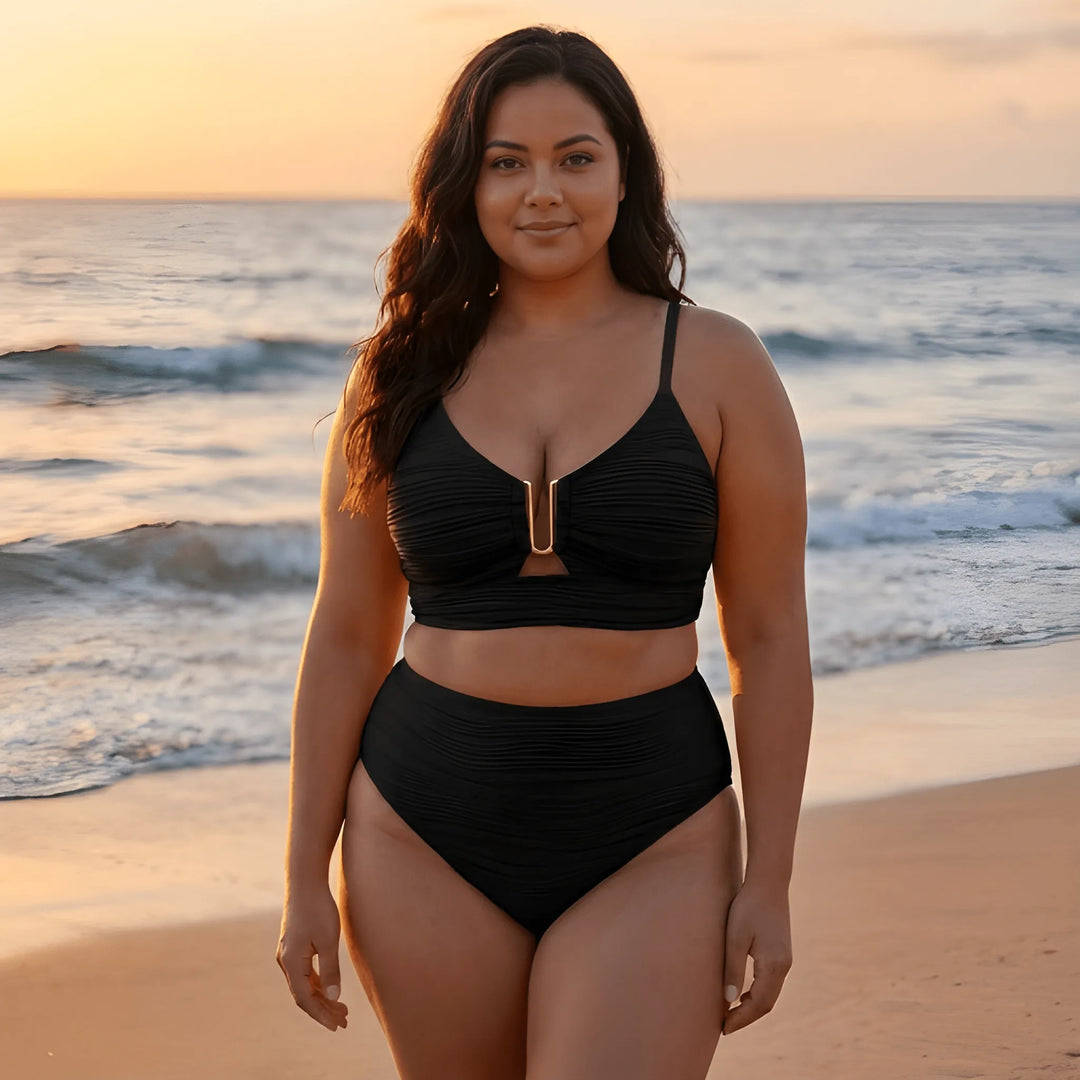 Women's High Waisted Bikini with Cut Out Top and Ruched Detail