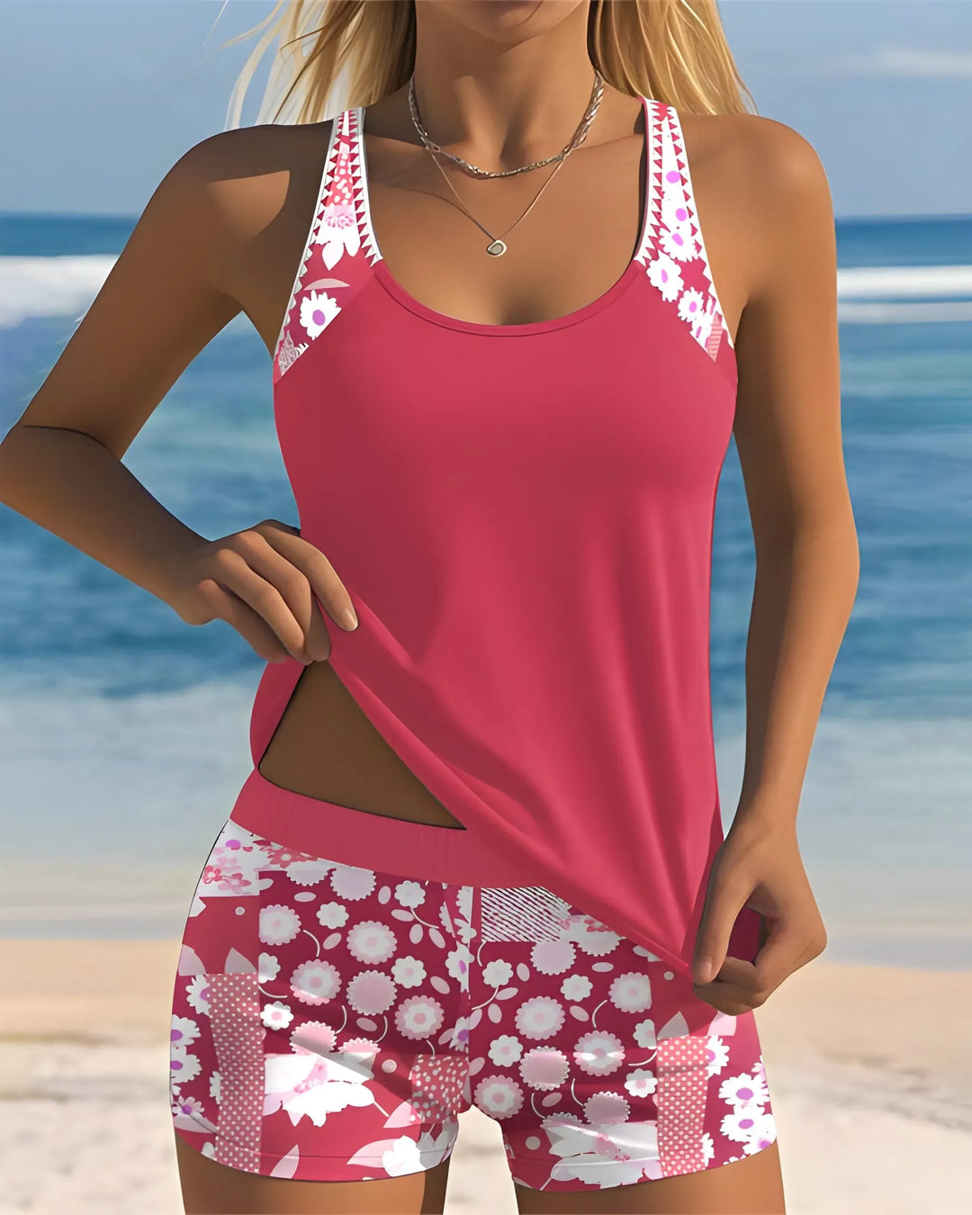 Women's Floral Swimsuit with Racerback and Swim Shorts