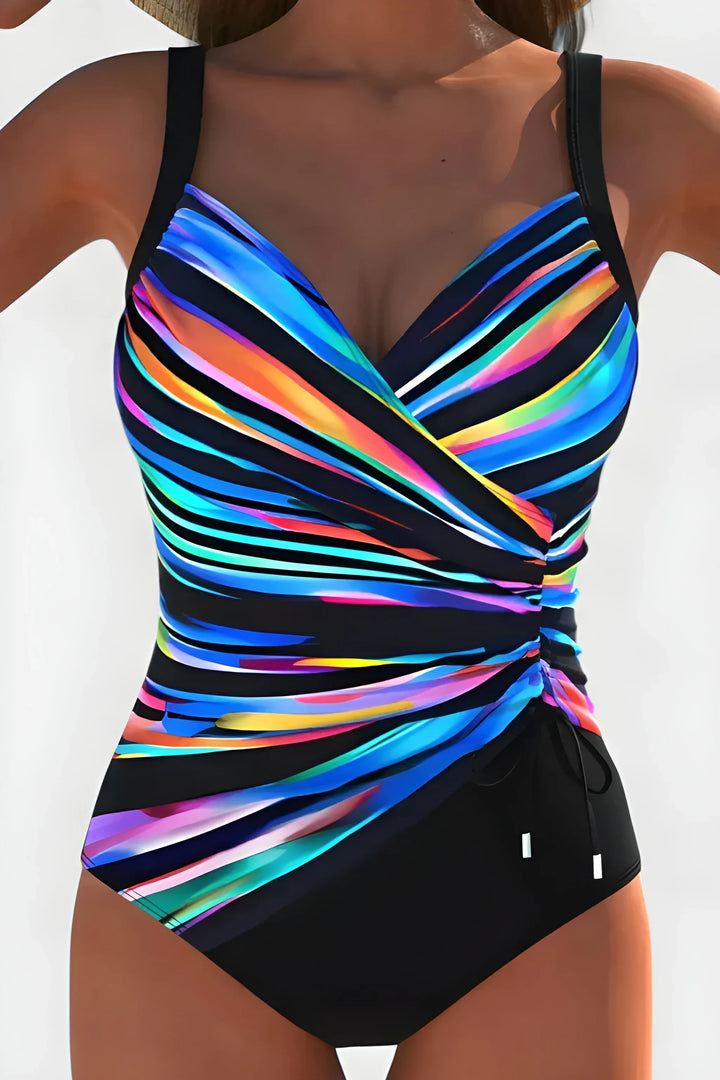 Women's Striped One-Piece Swimsuit with Ruched Detail and Tie Side