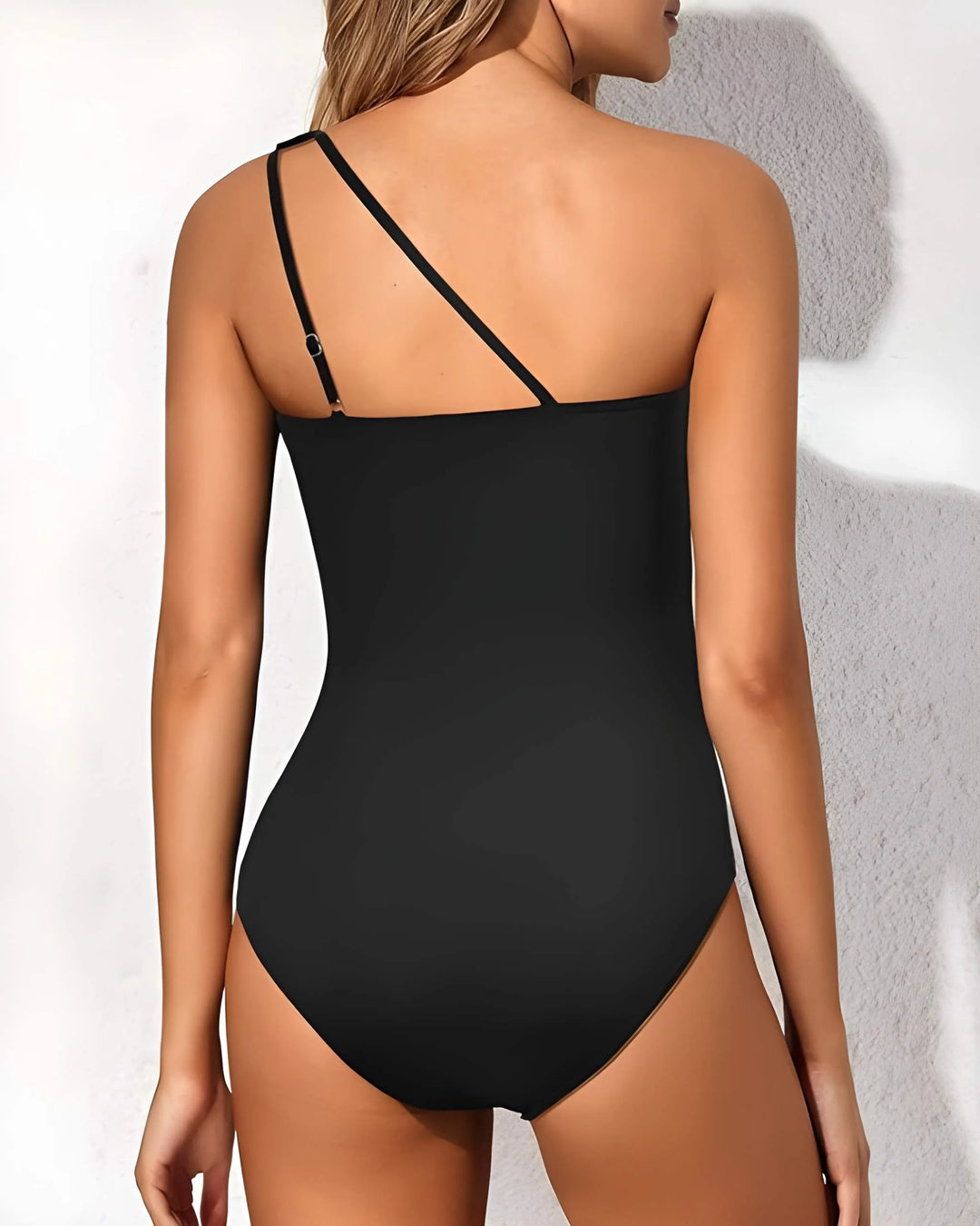 Women's One-Piece Black Swimsuit with One Shoulder and Ruched Detail