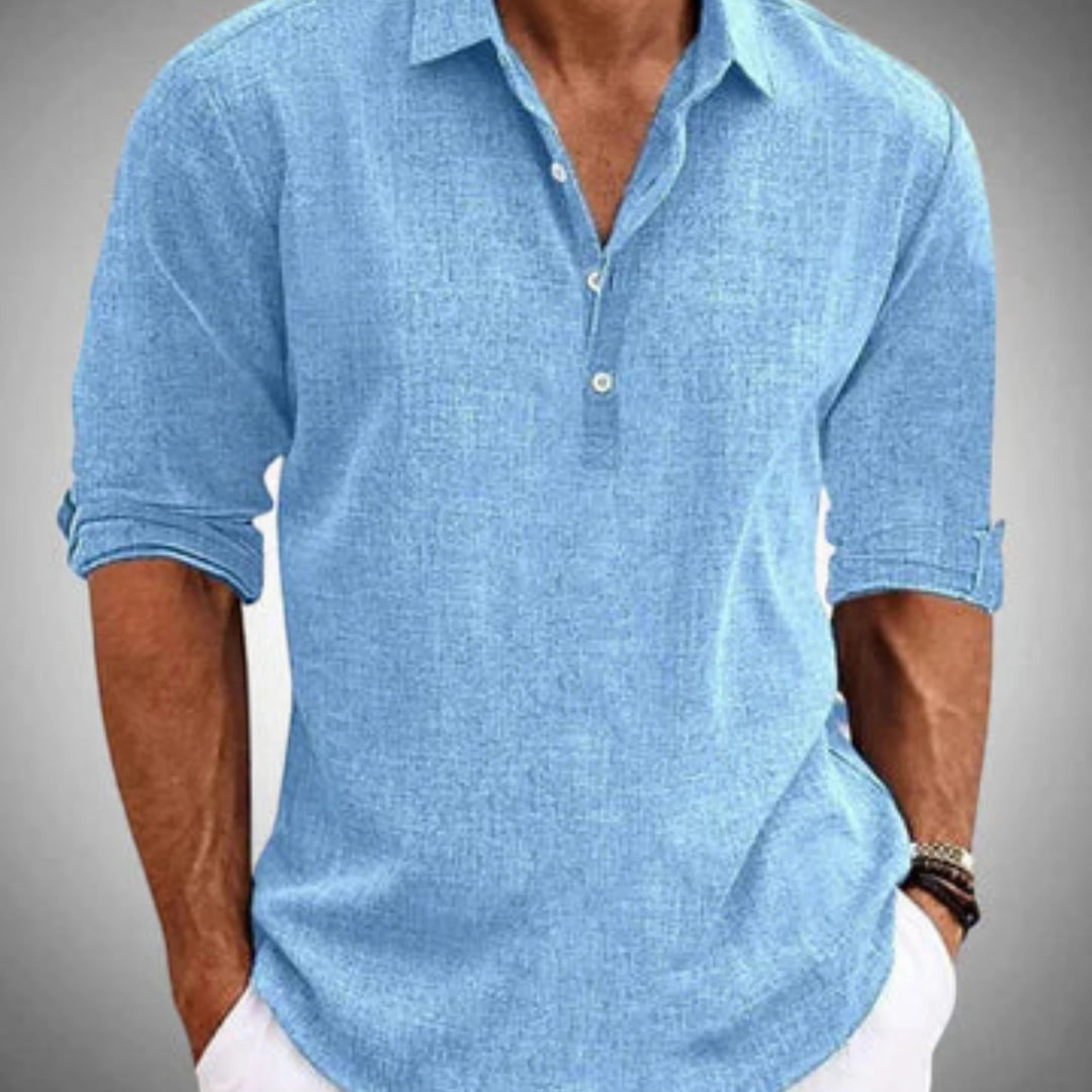 Men's Casual Shirt with Camp Collar and Long Sleeve