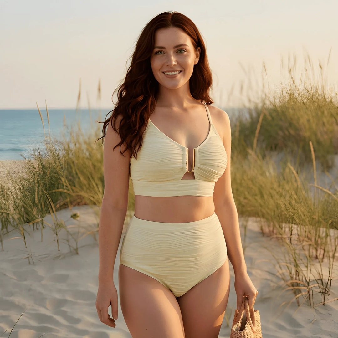 Women's High Waisted Bikini with Cut Out Top and Ruched Detail