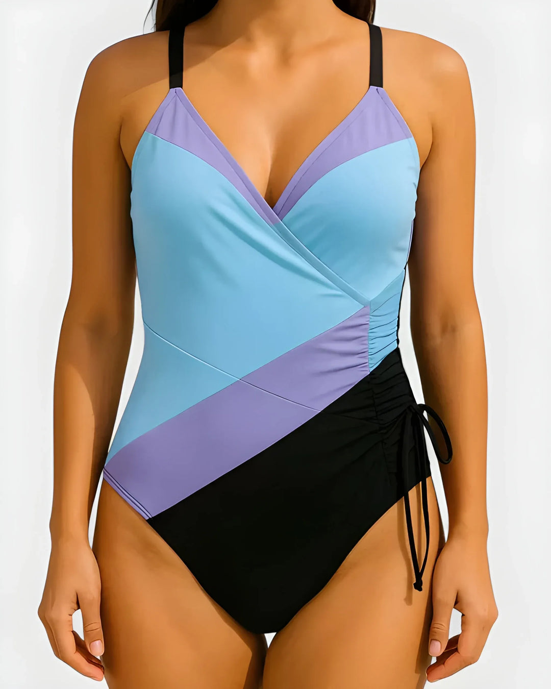 Women's Striped One-Piece Swimsuit with Ruched Detail and Tie Side
