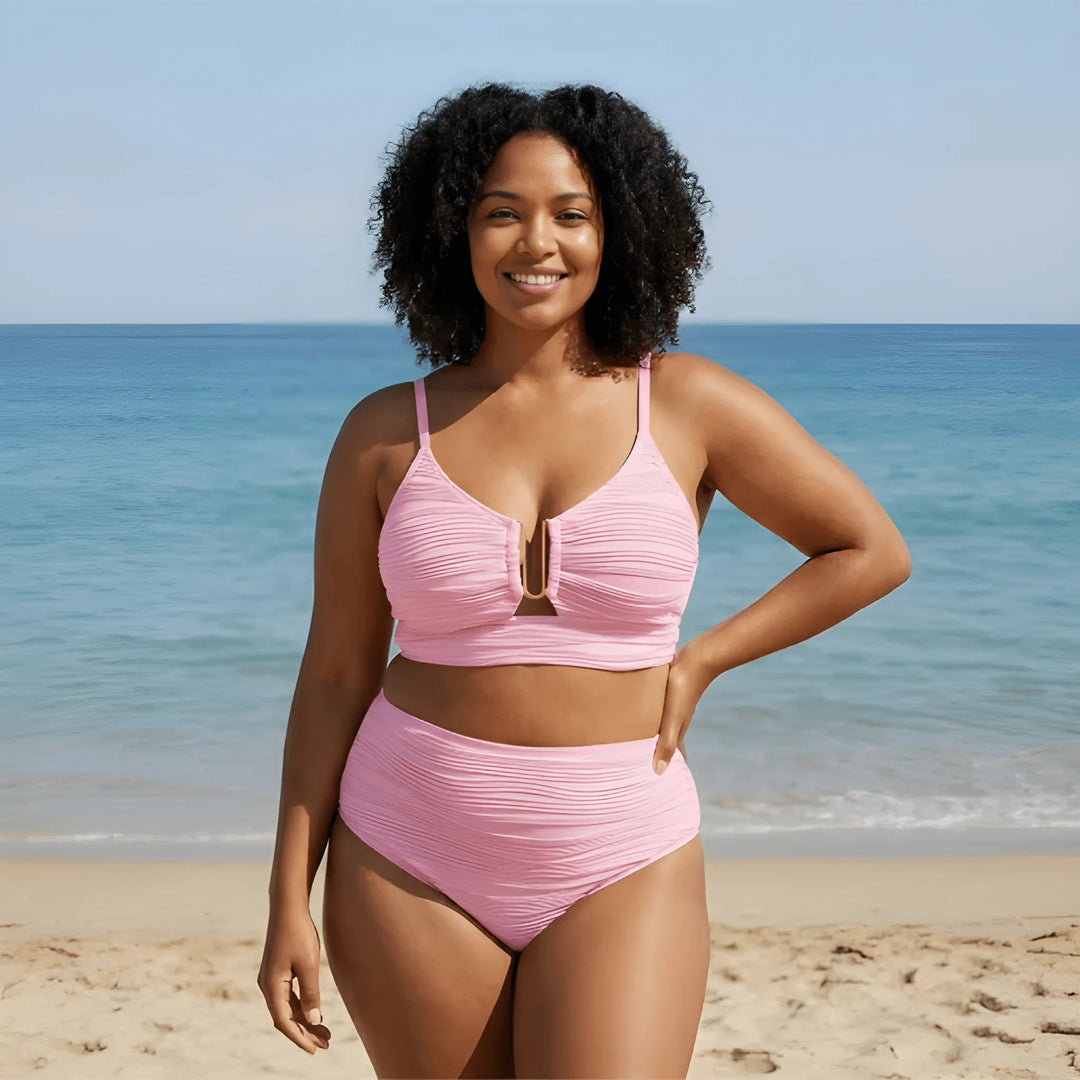 Women's High Waisted Bikini with Cut Out Top and Ruched Detail