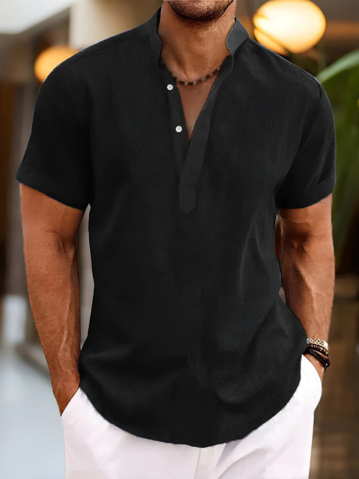 Men's Casual Henley Shirt with Mandarin Collar and Short Sleeves
