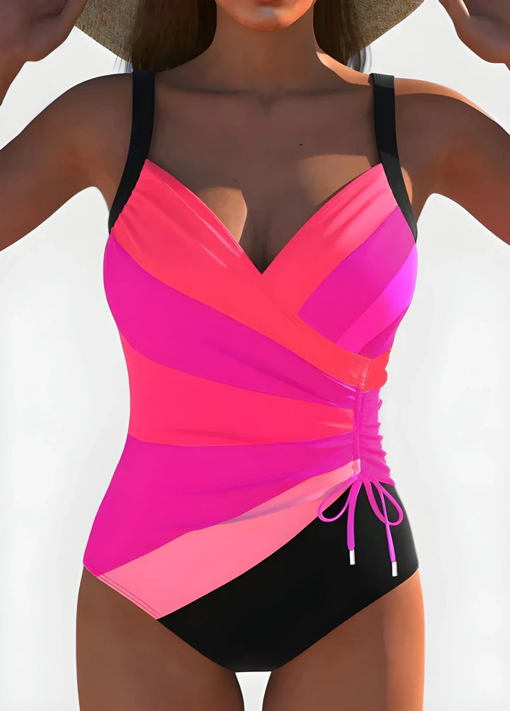 Women's Striped One-Piece Swimsuit with Ruched Detail and Tie Side